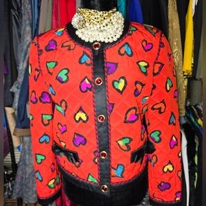 1990s Escada Vintage Red Silk Heart Print Quilted Jacket with Jewel Buttons